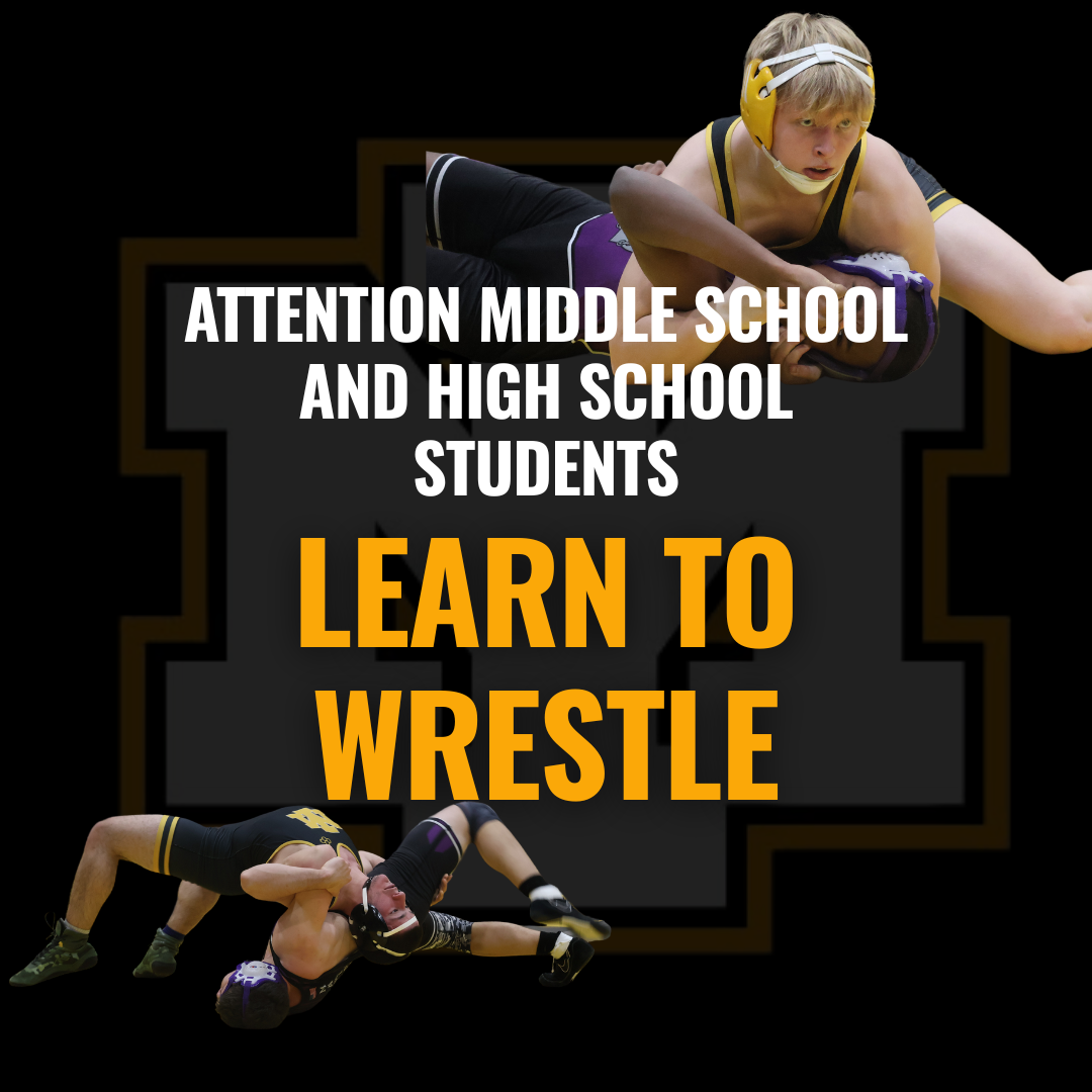 flyer for Iron Mountain Middle and High School wrestling. Text: "Learn to Wrestle." Features photos of student wrestlers in action against a dark background with a large grey and gold IM logo.